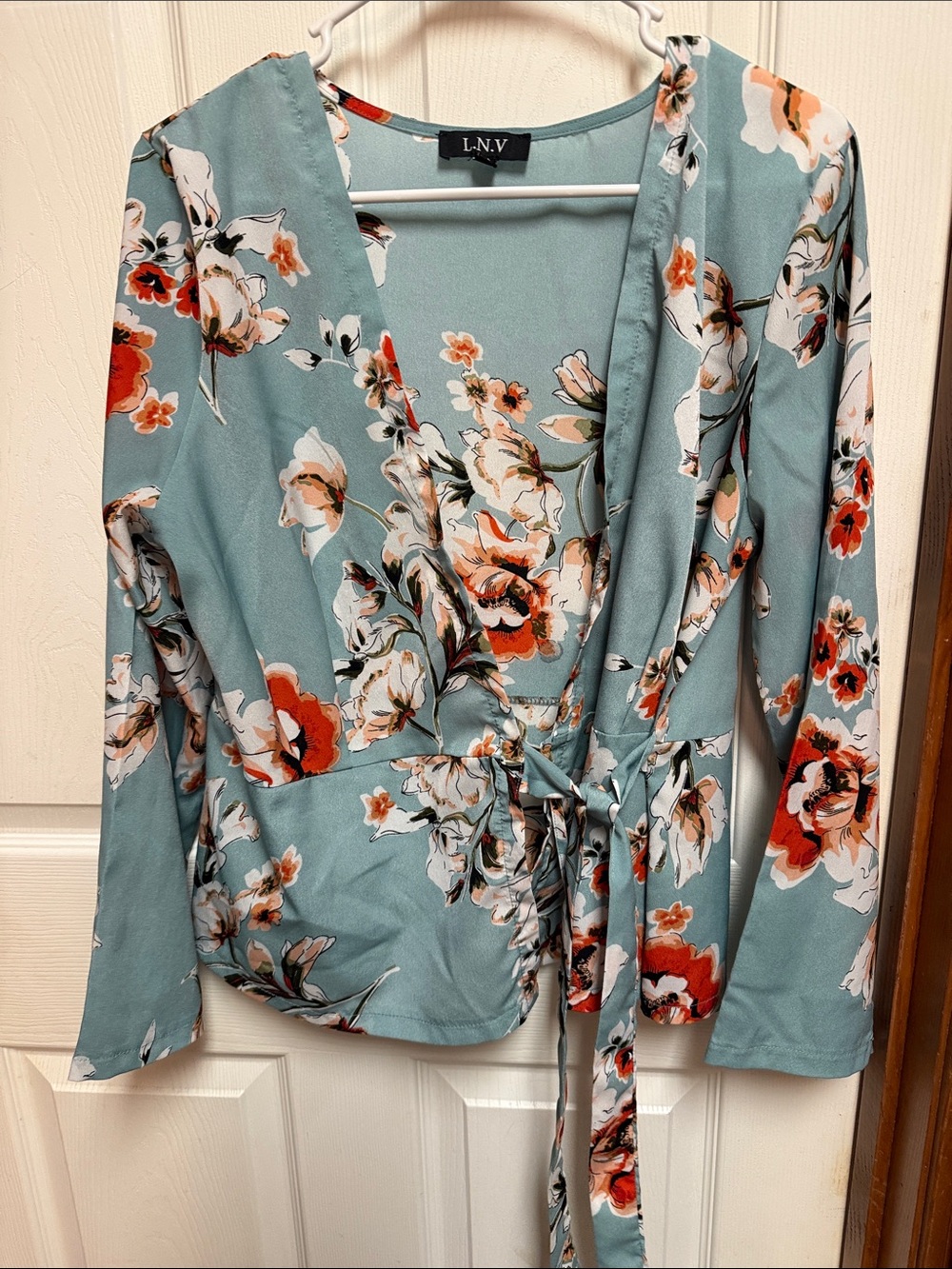 L.N.V Sage Floral Wrap Blouse with Orange Accents